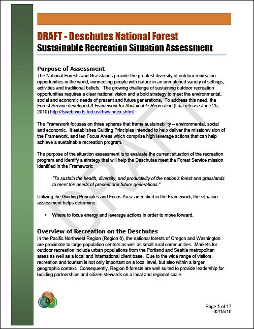 DESCHUTES NATIONAL FOREST SUSTAINABLE RECREATION SITUATION ASSESSMENT