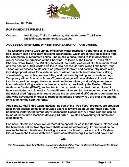 Sherwins Access/Egress Program Press Release Winter 20/21