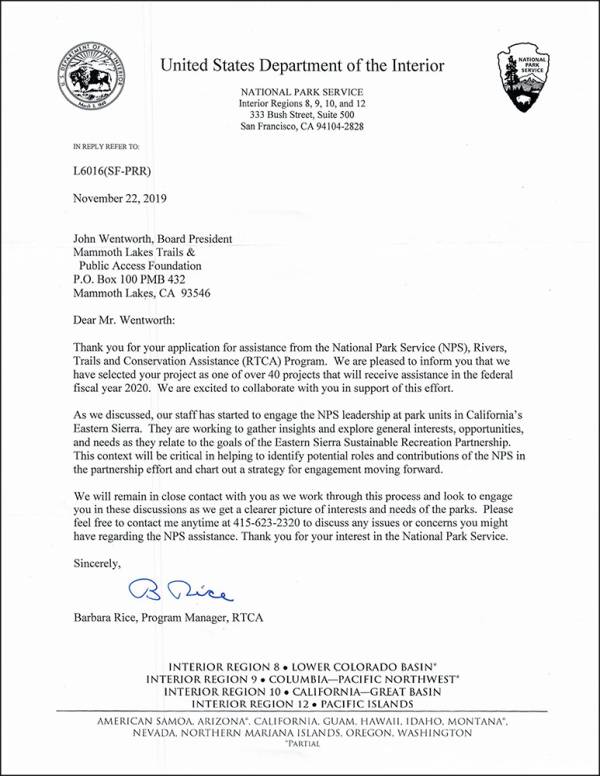 Letter of Award from the National Park Service