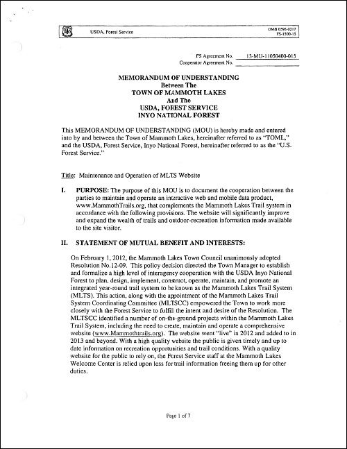 Memorandum of Understanding for mammothtrails.org
