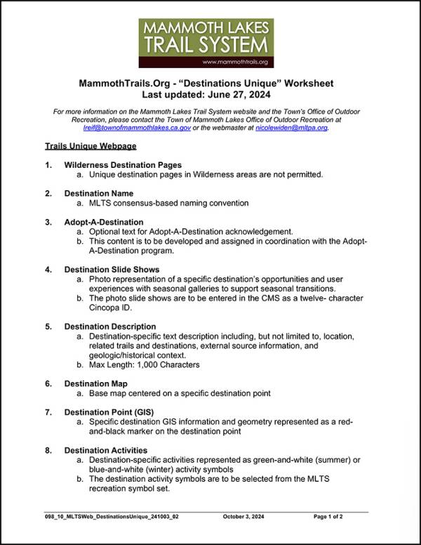Destination Creation Worksheet