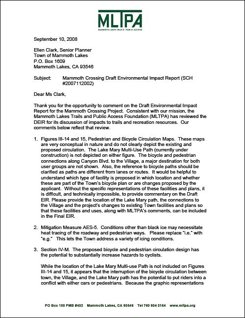 MLTPA comments - Mammoth Crossing DEIR - Sept 10, 2008  (85KB)