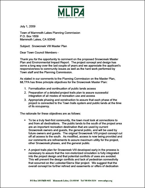 MLTPA comments - Snowcreek Master Plan VIII - July 1, 2009  (110KB)