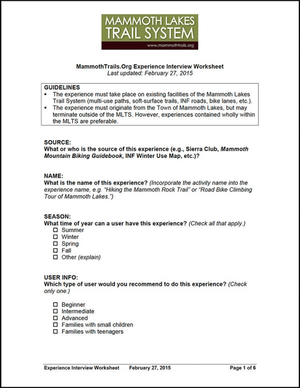 Experience Creation Worksheet