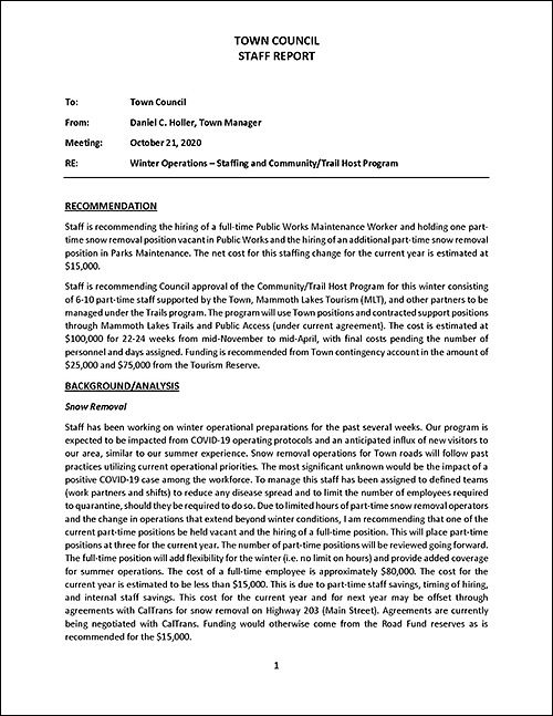 Town of Mammoth Lakes - Staff Report to Town Council